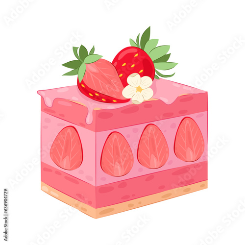 Sweet strawberry cake with pink cream and soufflé. Strawberry dessert.