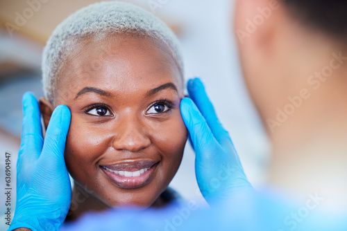 Принти на полотні Medical hands, woman and plastic surgery for cosmetics, aesthetic and facial transformation in exam