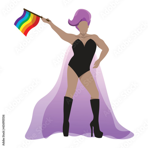 A confident drag queen in black leotard with purple wig and holding rainbow flag for LGBTQ+ concept and for equality and diversity supporting. Vector illustration flat charactor on white background