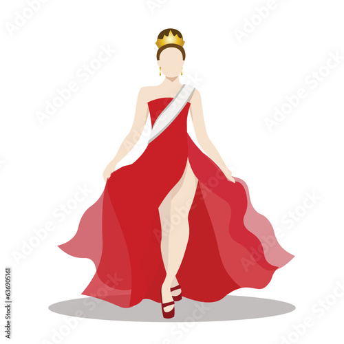 An elegant beauty queen in red dress with sash and crown. Vector illustration flat charactor design on white background