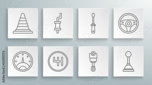Set line Speedometer, Car muffler, Gear shifter, Engine piston, Screwdriver, Steering wheel and Traffic cone icon. Vector