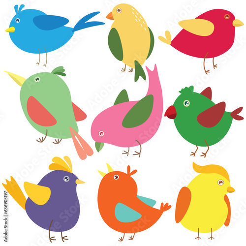Variety cute bird collection in colourful color. Vector illustration on white background for nursery or kids decoration