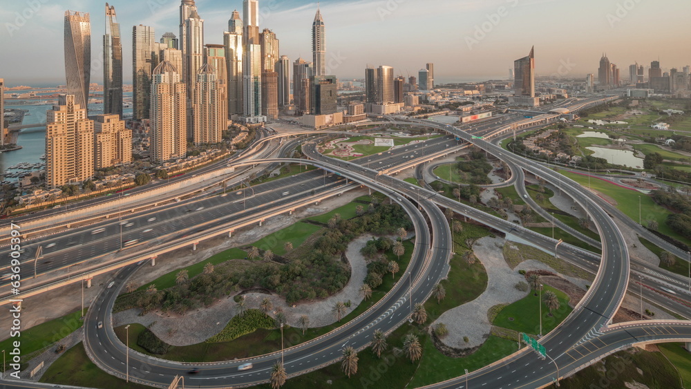 Dubai Marina highway intersection spaghetti junction night to day timelapse