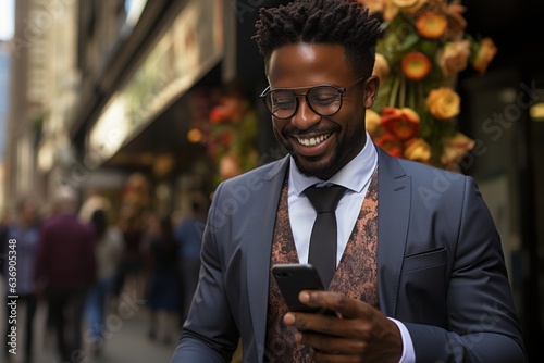 A suave man in a suit and tie confidently holds a smartphone, blending professional attire with modern connectivity.