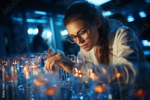 A poised woman in a lab coat conducts an experiment in a biotechnology lab, blending expertise and curiosity in pursuit of scientific discovery.