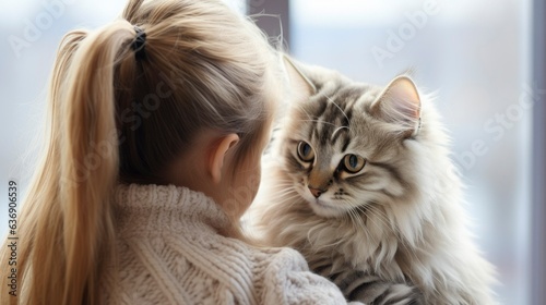 Little girl hugging cute cat. Cat on the shoulder. Back view. Children and pets