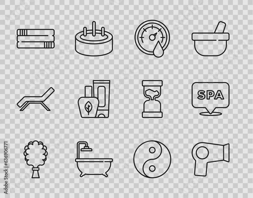 Set line Sauna broom, Hair dryer, thermometer, Bathtub, Towel stack, Ointment cream tube, Yin Yang and Spa salon icon. Vector