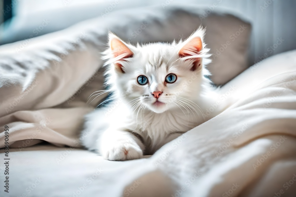white kitten sitting on the bed