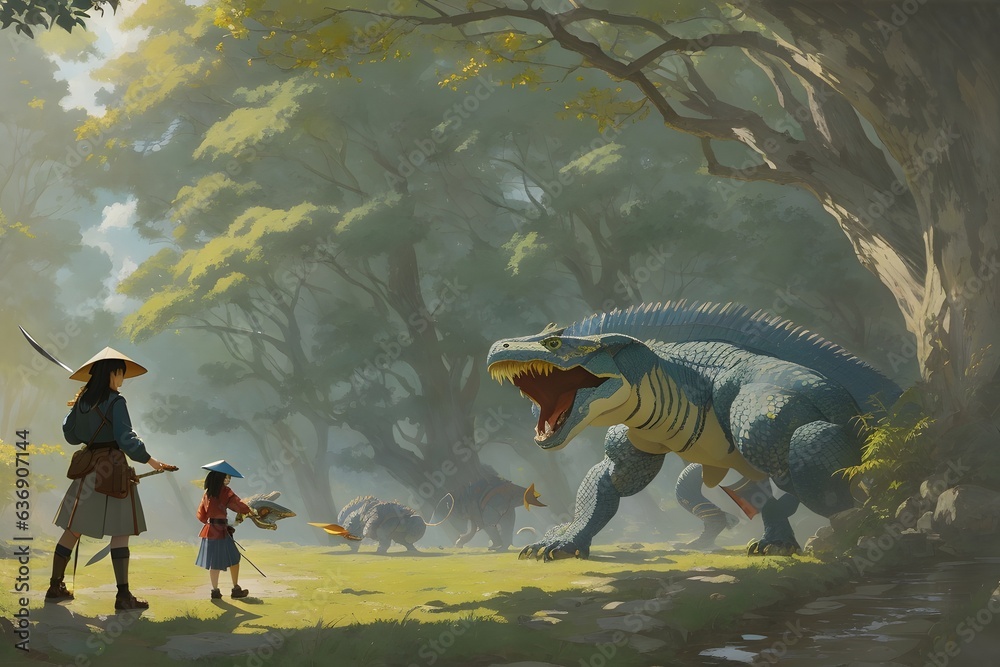 Fierce Warrior Girl Battling Dinosaurs Epic Clash of Strength and Courage. AI Generative Fierce Warrior Girl Battling Dinosaurs Epic Clash of Strength and Courage. AI Generative