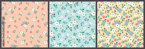 Seamless floral pattern, liberty ditsy print with mini cute plants in the set. Simple botanical background design: small hand drawn flowers, tiny leaves, little bouquets on a colored field. Vector.