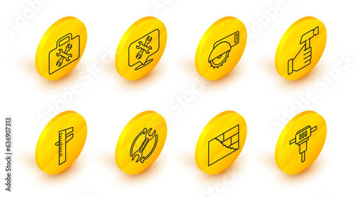 Set line Construction jackhammer, Bricks, Wrench and arrows as workflow, Calliper caliper scale, Hammer, Electric circular saw, Location with wrench and Toolbox icon. Vector