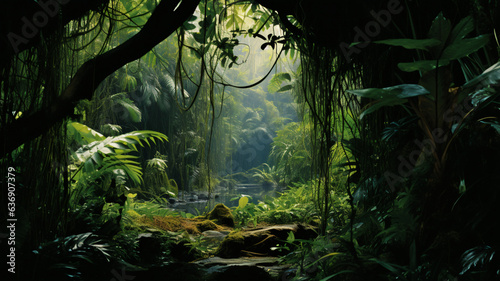 A dense tropical jungle with exotic plants and vines.  AI Generative.