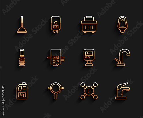 Set line Drain cleaner bottle, Filter wrench, Rubber plunger, Water tap, Gas boiler, and Pressure water meter icon. Vector
