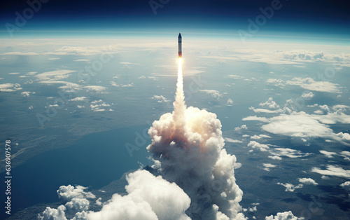 Space aerial view from a large rocket or ballistic missile passing through a cloud and leaving the Earth's atmosphere.