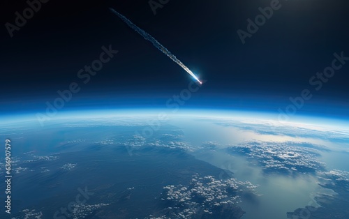 Fictional space view of an object, meteorite or rocket re-entering the Earth's atmosphere with a visible exothermic reaction.