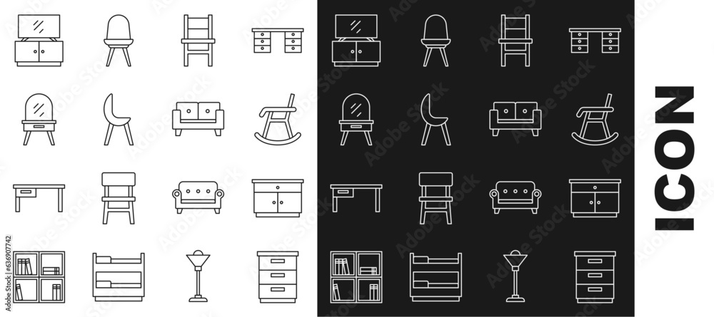 Set line Furniture nightstand, Armchair, Chair, Dressing table, TV and Sofa icon. Vector
