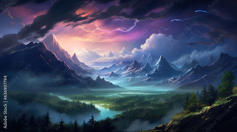sunset in the fantasy mountains. Generative Ai