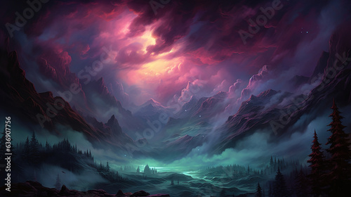 sunset in the fantasy mountains. Generative Ai