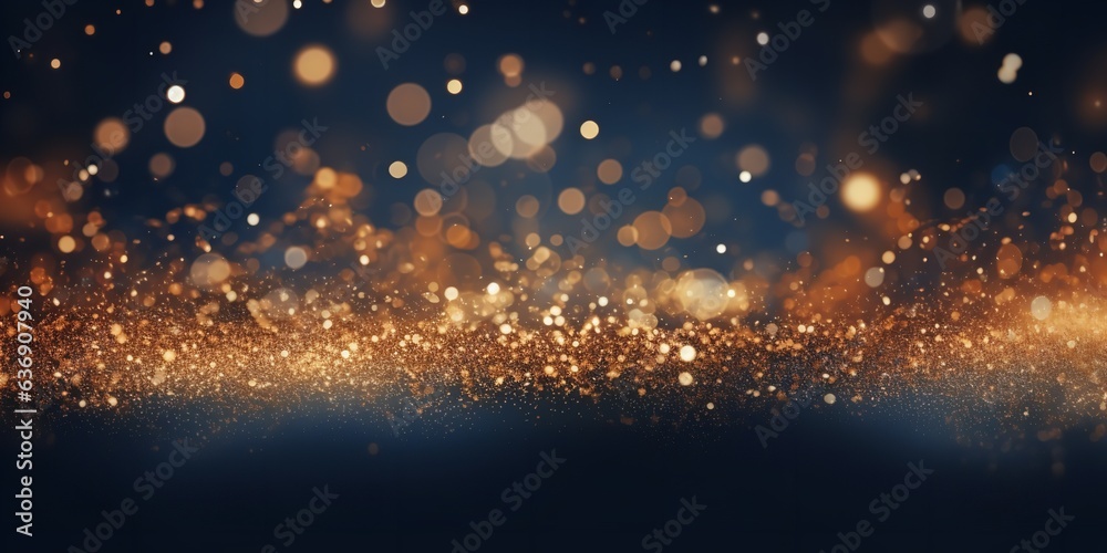 Abstract dark blue and gold particle backdrop. Christmas golden light shed bokeh particles over a background of navy blue. Gold foil appearance. holiday idea. Generative Ai.