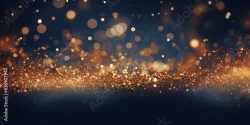 Abstract dark blue and gold particle backdrop. Christmas golden light shed bokeh particles over a background of navy blue. Gold foil appearance. holiday idea. Generative Ai.