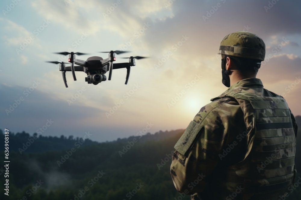 Military soldier controls drone for reconnaissance