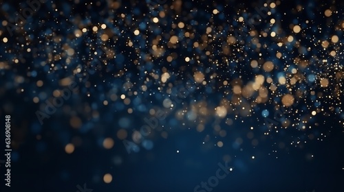 Abstract dark blue and gold particle backdrop. Christmas golden light shed bokeh particles over a background of navy blue. Gold foil appearance. holiday idea. Generative Ai. © Concept Killer