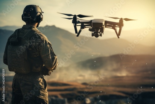 Military soldier controls drone for reconnaissance photo