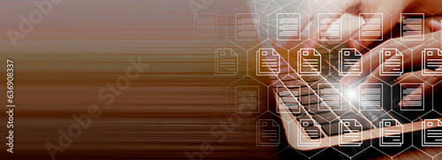  Online documentation database;  document management system concept background on virtual screen.