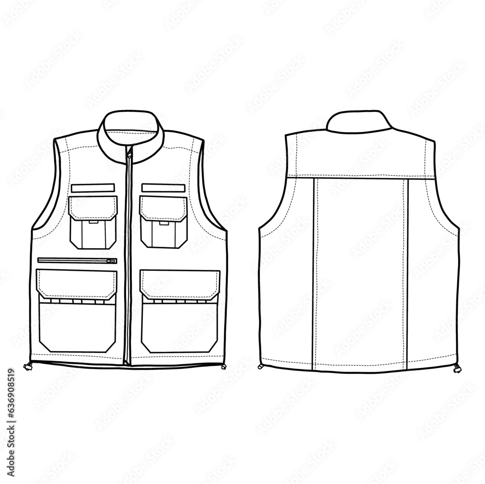 Technical sketch drawing of Men's Vest vector template model 1 in front