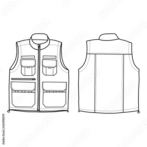 Technical sketch drawing of Men's Vest vector template model 1 in front, side and back view, isolated on white background,suitable for your custom Men's Vest Jacket design editable color and stroke.