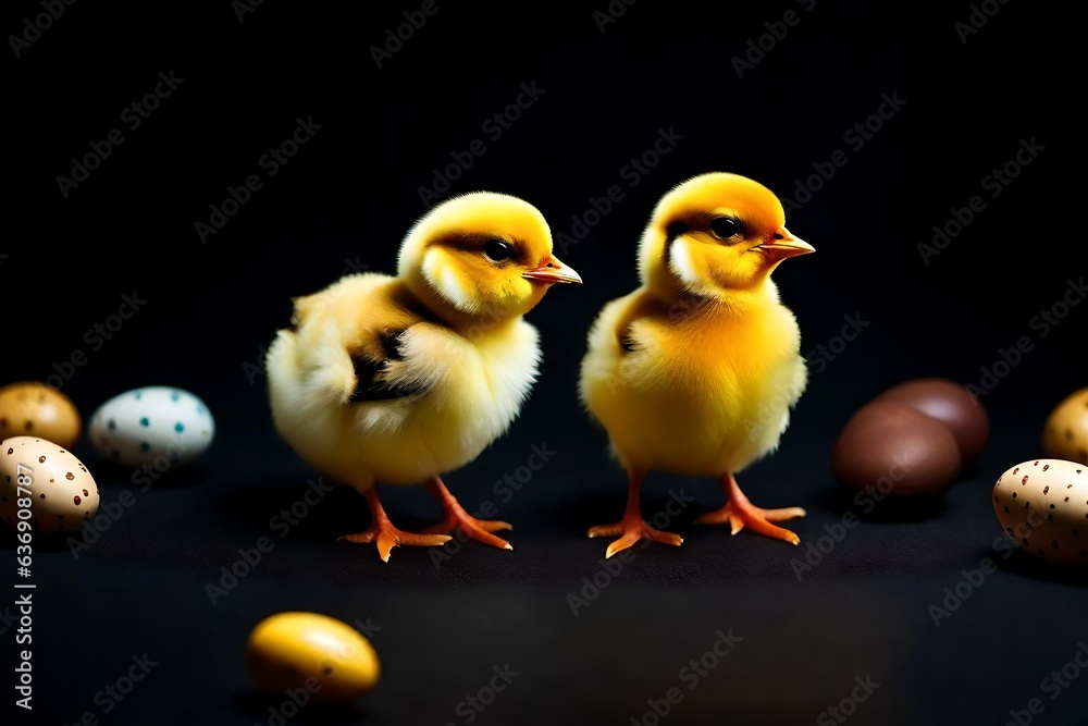 two baby chicken on black background