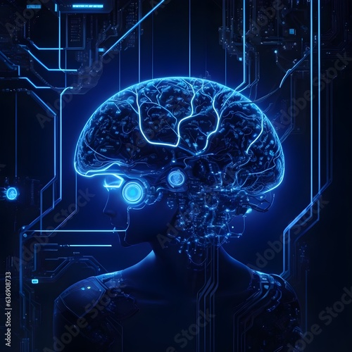 Artificial intelligence concept with a dark blue background and contrast of light and shadow