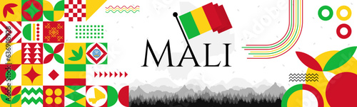 The Mali Independence Day abstract banner design with flag and map. Flag color theme geometric pattern retro modern Illustration design. Green, yellow and red color template.