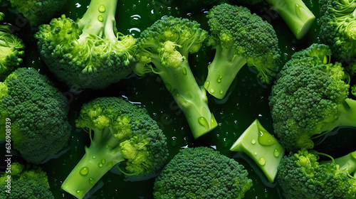 Fresh raw broccoli with water drops background. Vegetables backdrop. Generative AI