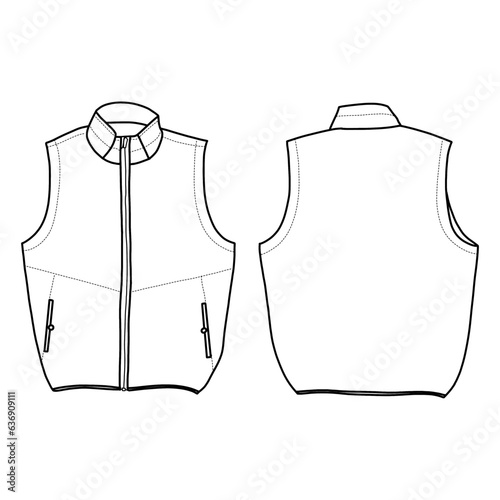 Technical sketch drawing of Men's Vest vector template model 2 in front, side and back view, isolated on white background,suitable for your custom Men's Vest Jacket design editable color and stroke.