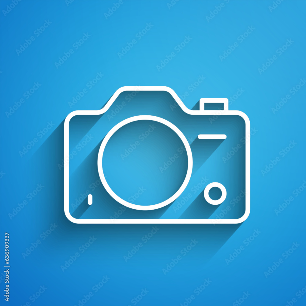 White line Photo camera icon isolated on blue background. Foto camera. Digital photography. Long shadow. Vector White line Photo camera icon isolated on blue background. Foto camera. Digital photography. Long shadow. Vector
