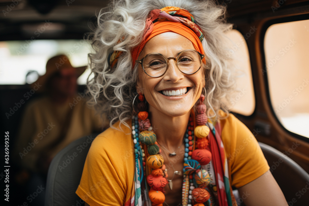 Fototapeta premium Elder woman smiling in van on vacation