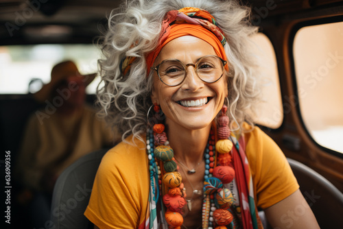 Elder woman smiling in van on vacation photo