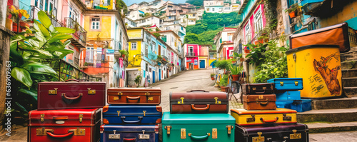 Captivating array of modern suitcases and vintage trunks on a vibrant, colorful street in Rio de Janeiro, Brazil, lush tropical plants and bright murals adding to the scene. photo