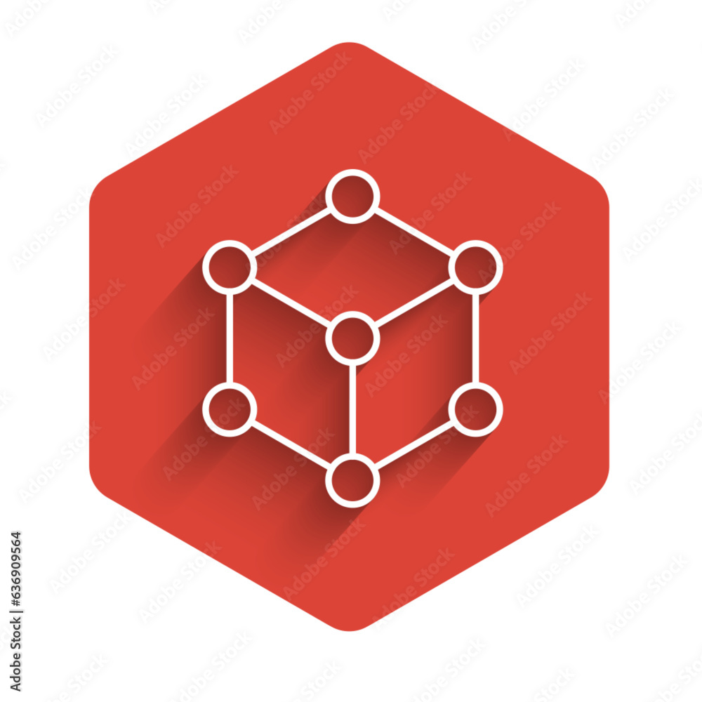 White line Molecule icon isolated with long shadow background. Structure of molecules in chemistry, science teachers innovative educational poster. Red hexagon button. Vector White line Molecule icon isolated with long shadow background. Structure of molecules in chemistry, science teachers innovative educational poster. Red hexagon button. Vector