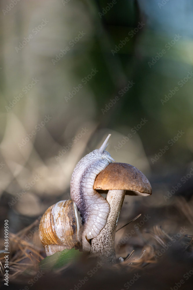 Snail on a mushroom in the forest. Snail on a mushroom in the forest.
