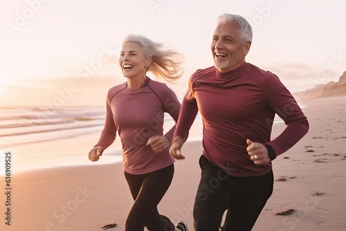 A happy elderly couple of joggers in sportswear enjoy a serene run along the beach.
