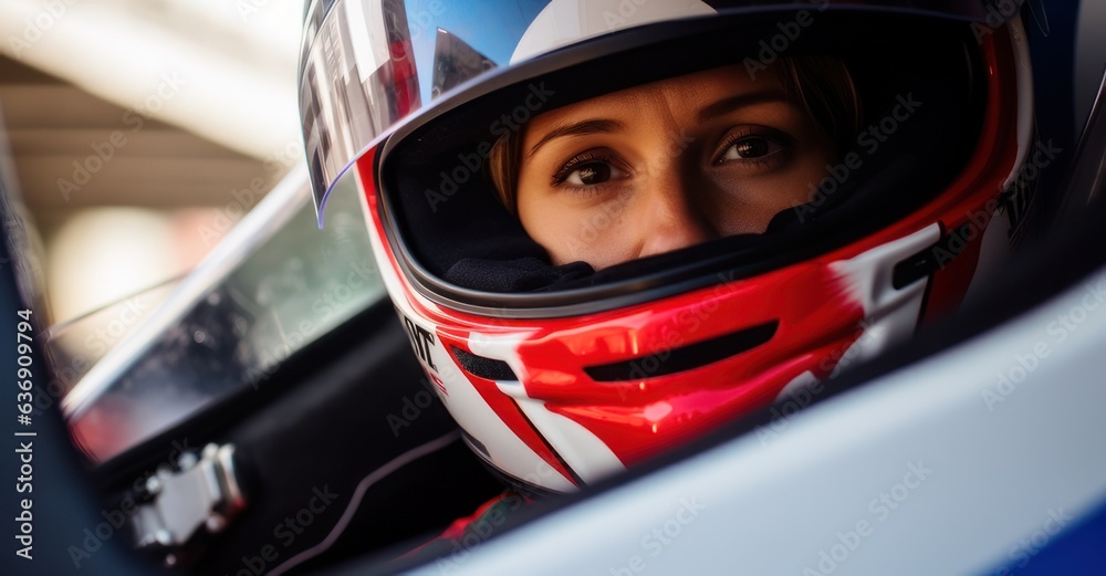 Female driver in race car at start line.