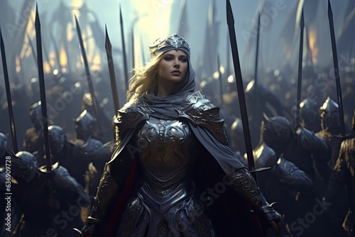 A jubilant army of knights in plate armor, swords and shields answer the call of their divine leader, a woman with a great sword and a long cloak. Generative AI. photo