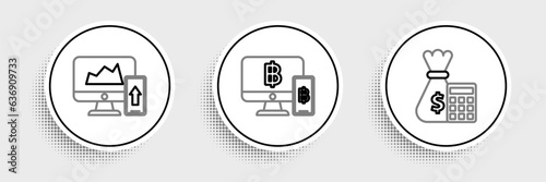 Set line Calculator with money bag, Financial chart graph the computer monitor and mobile phone and Computer bitcoin icon. Vector