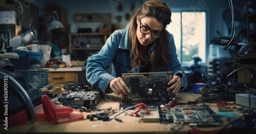 Female electrician fixing a complex circuit board