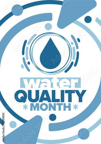National Water Quality Month in August. Month of studying the water. Origin, save and purify water. High quality water. Celebrated in United States. Poster, card, banner, illustration. Vector