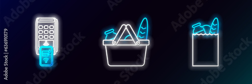 Set line Paper shopping bag and food, POS terminal with printed reciept confirms the payment by smartphone and Shopping basket icon. Glowing neon. Vector