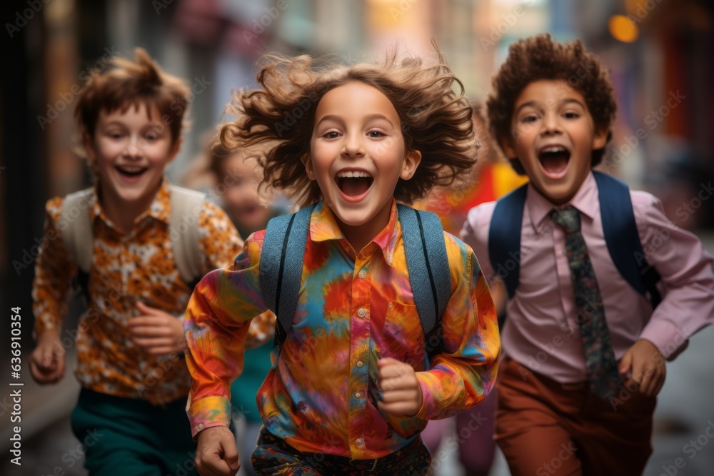 Pre-adolescent boys and girls going to school and laughing. Generative Ai