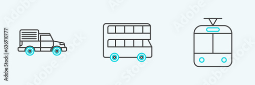 Set line Tram and railway, Delivery cargo truck vehicle and Double decker bus icon. Vector